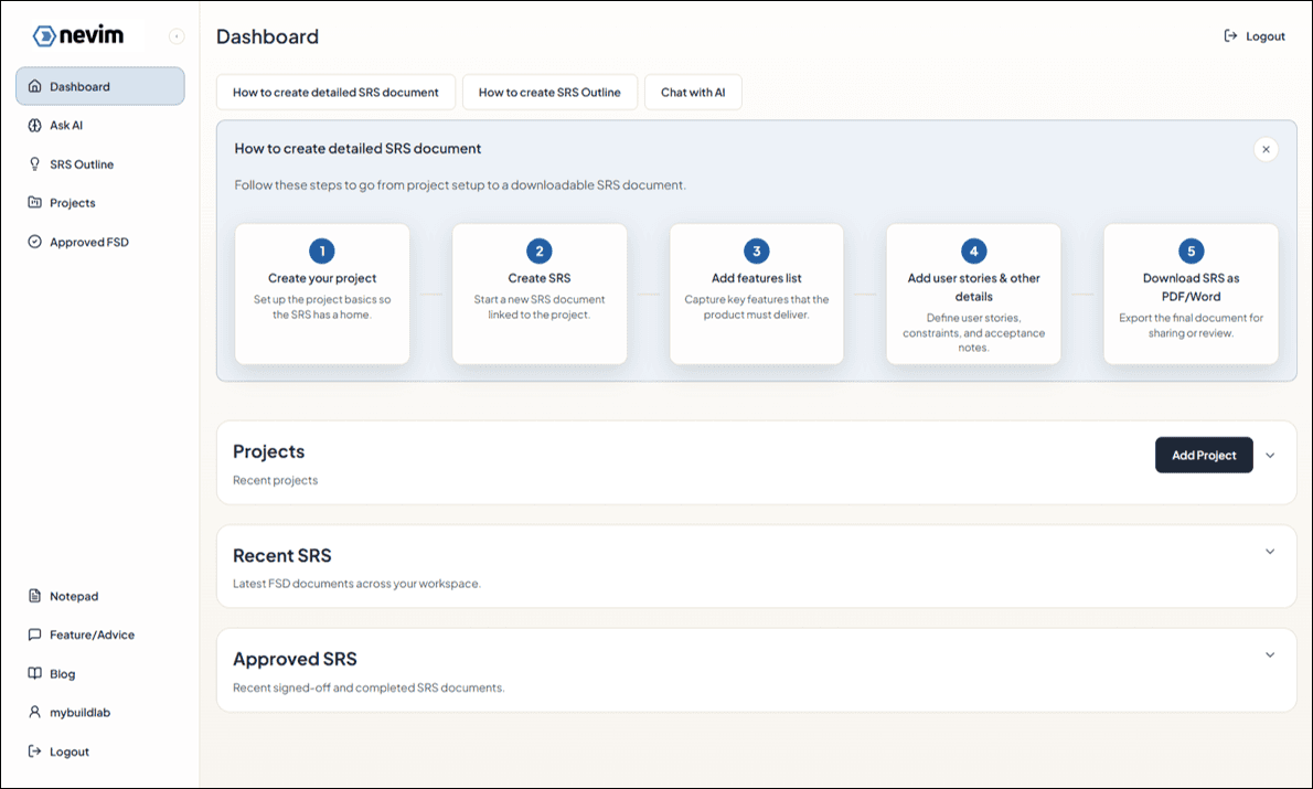 Dashboard overview with projects area