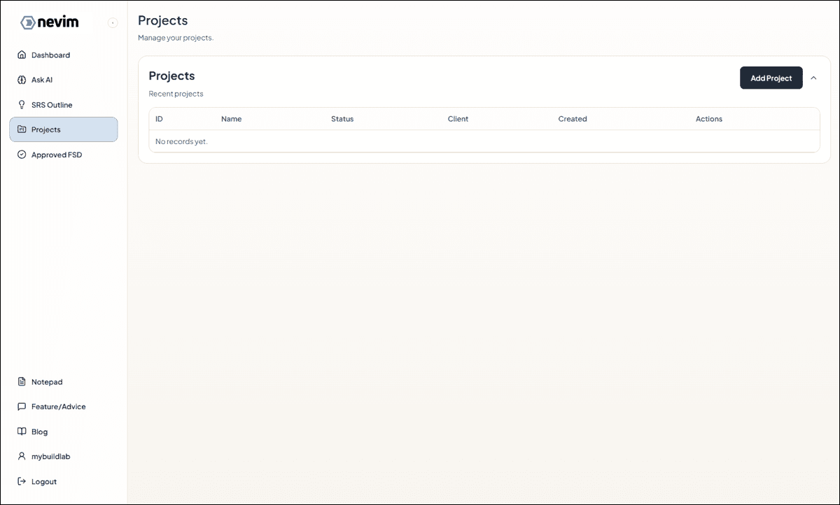 Empty project list on dashboard