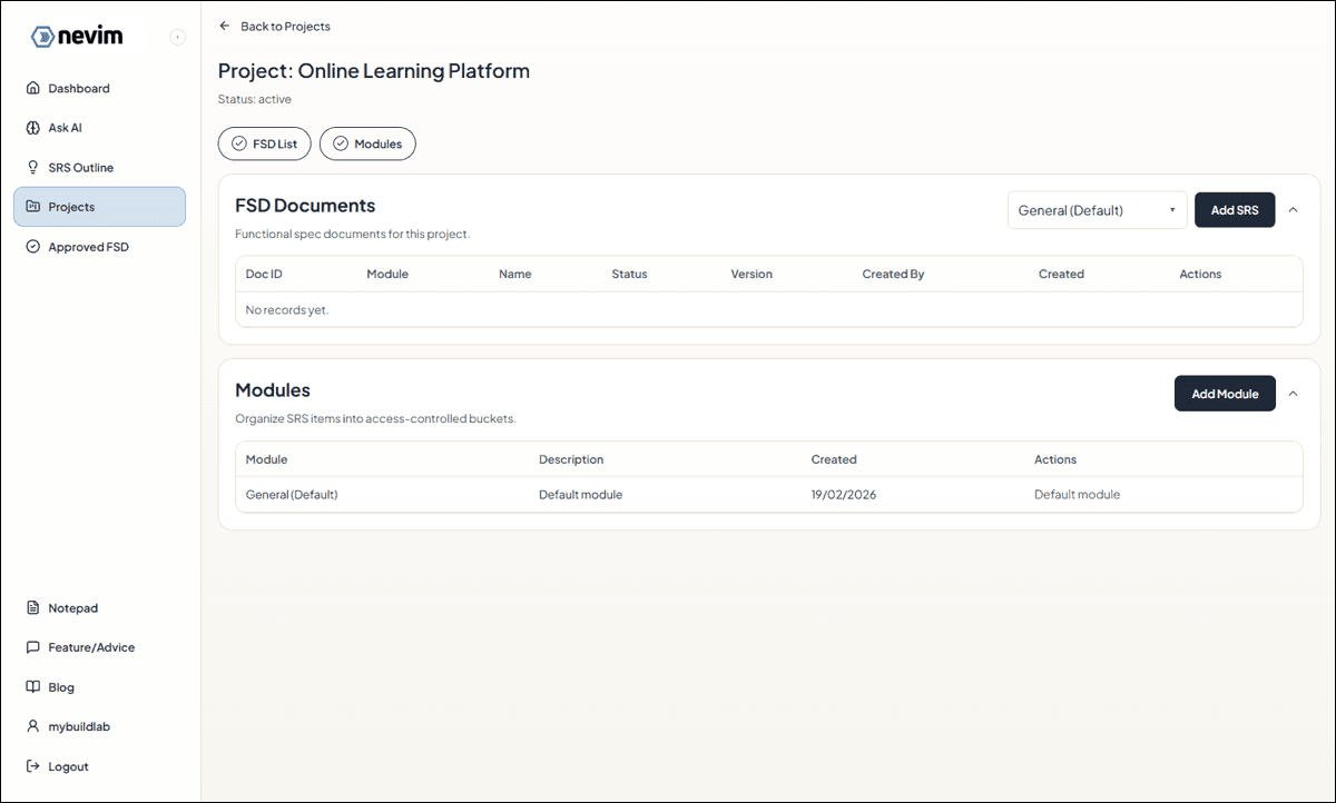 Project workspace page