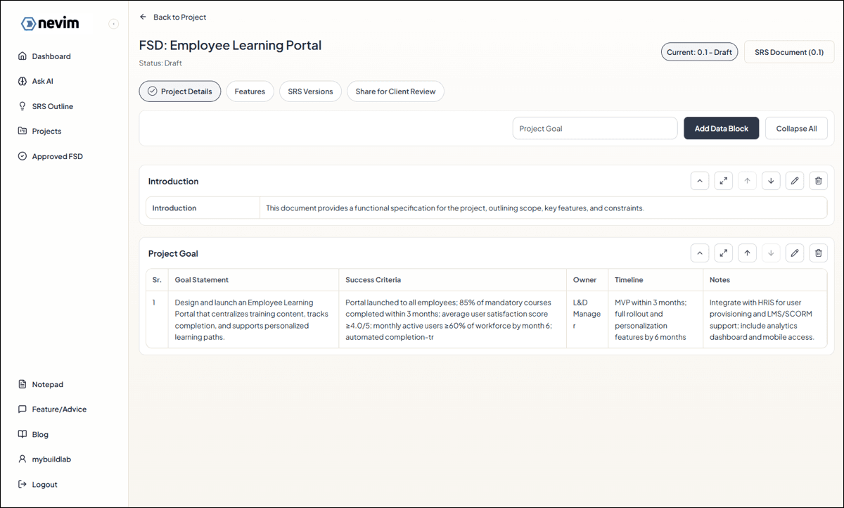 Project details section added