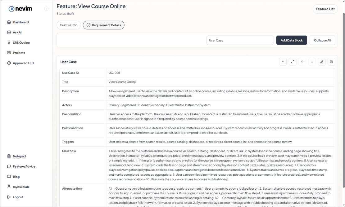 Feature details with use case