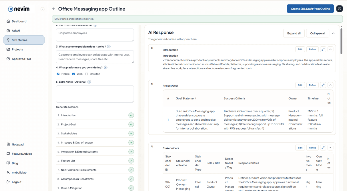 Select project for SRS