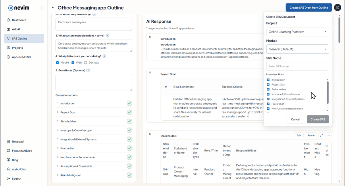 Create SRS from outline
