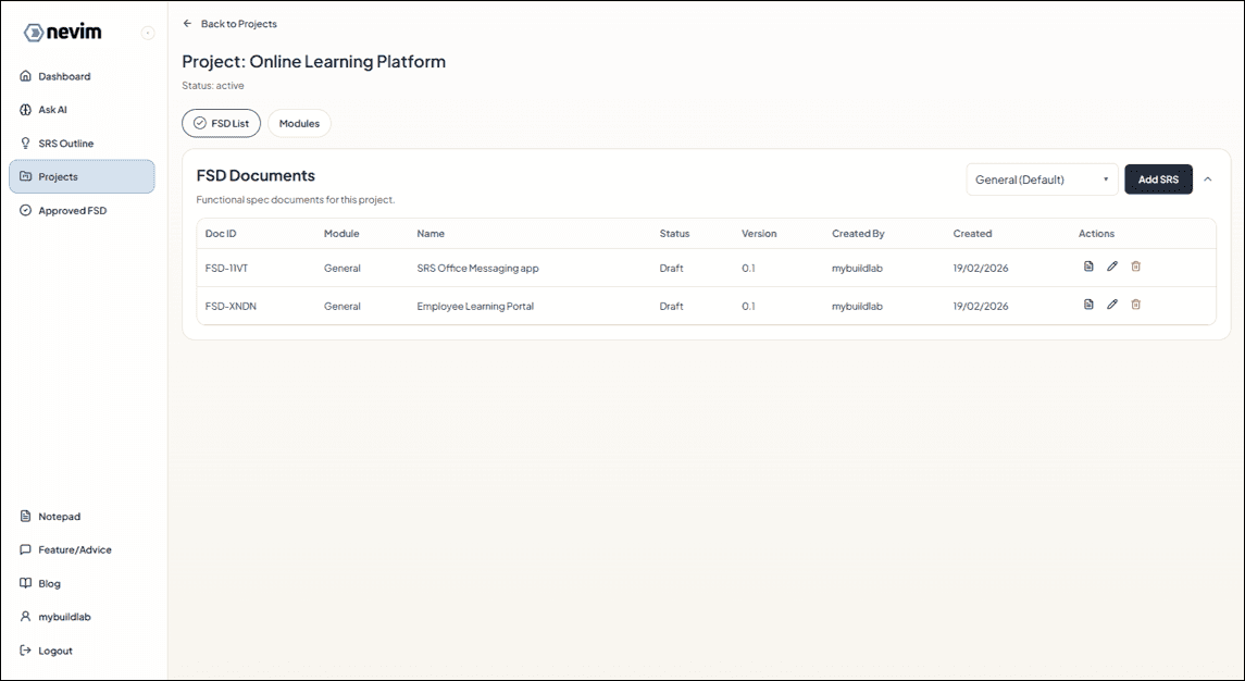 SRS created from outline under project