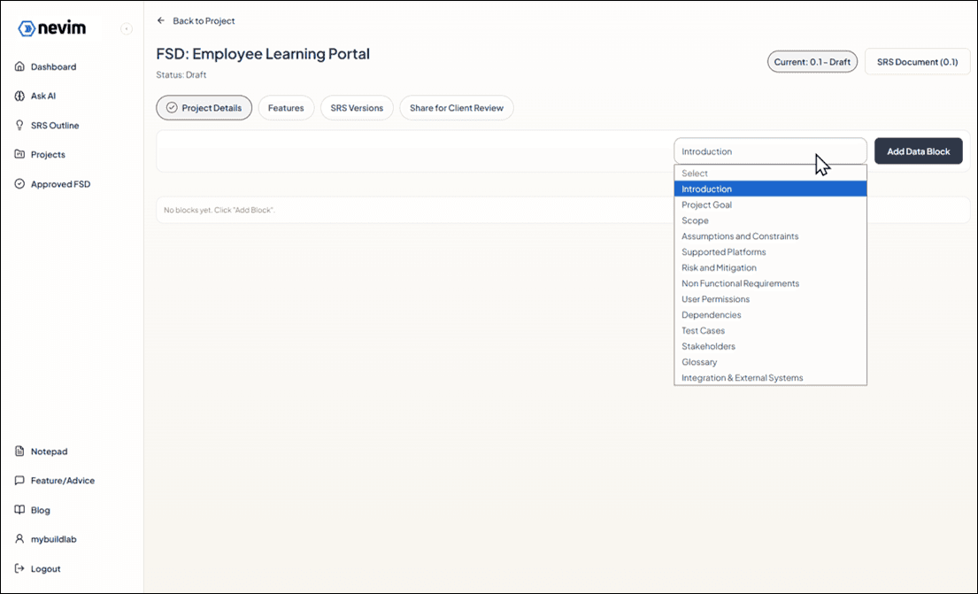 Project details section types